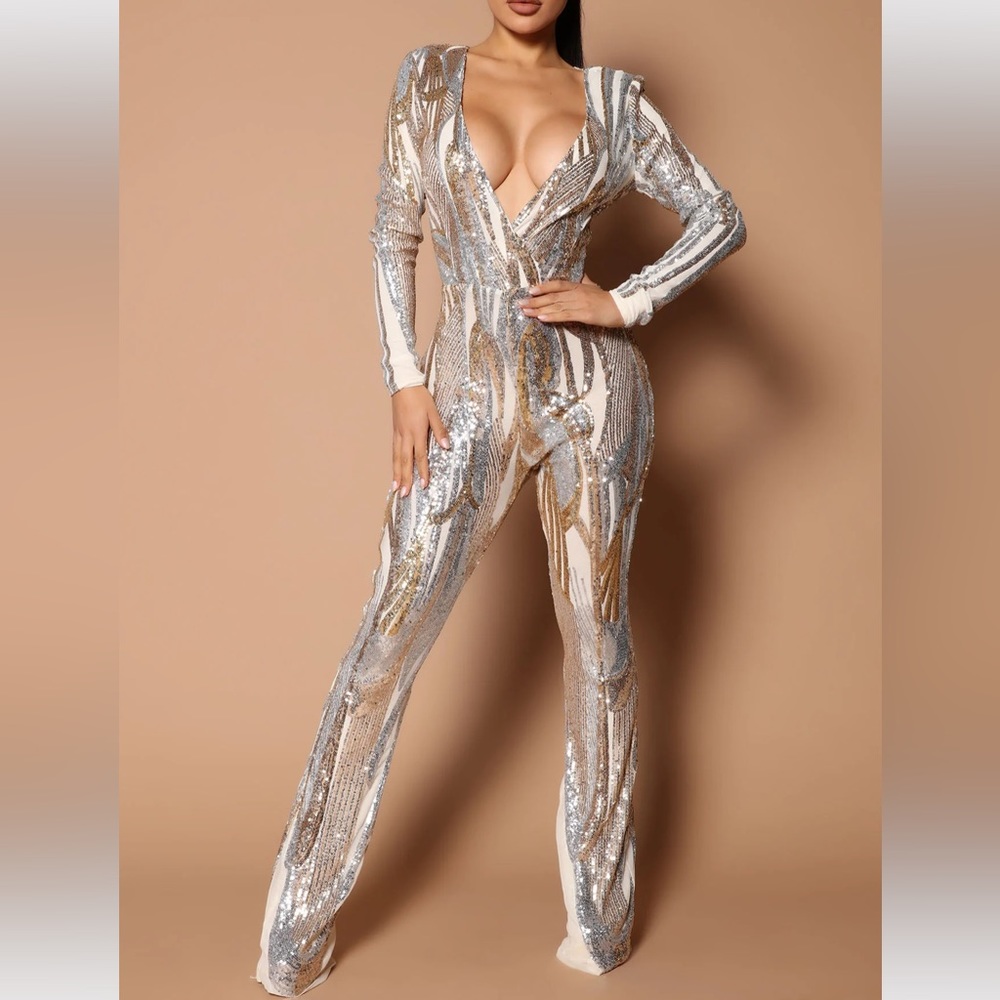 Mina Sequin Jumpsuit Ivory from Fashion Nova size small